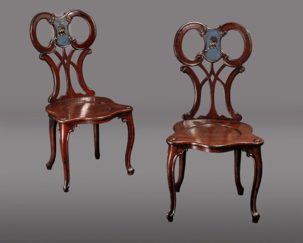 Pair Early George III Armorial Mahogany Hall Chairs