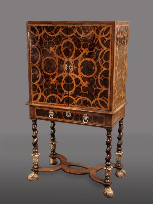 Charles II Lacewood Oyster Veneer, Walnut and Fruitwood Cabinet on Stand with Silvered Feet