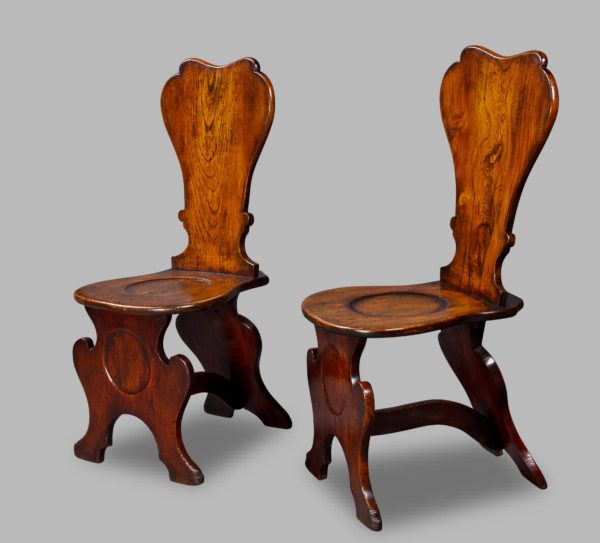 Good Pair of George III Elm Hall Chairs