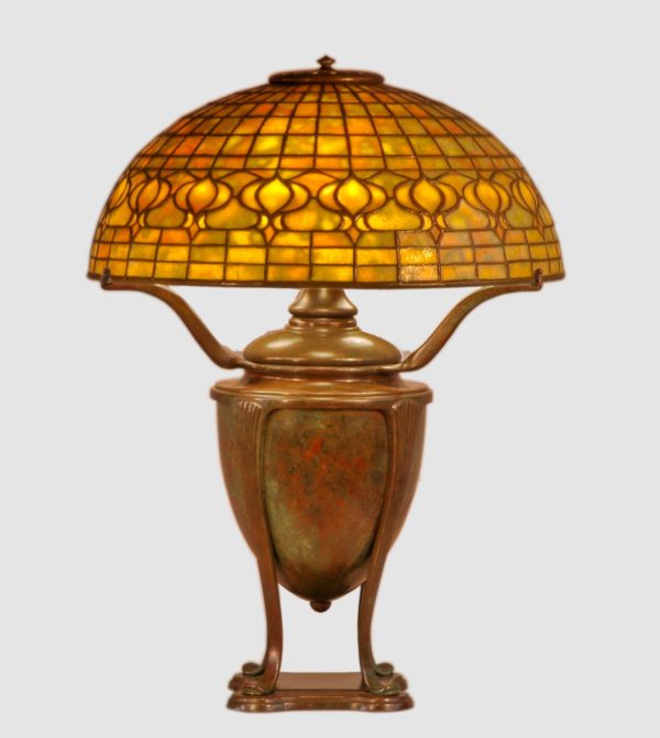 Tiffany “Pomegranate” Dichroic Leaded Glass and Bronze Table Lamp